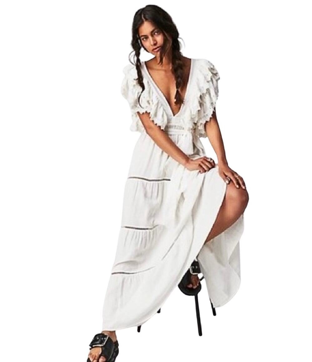 Jen’s Pirate Booty Spirit Ruffle Flutter Sleeve White Cotton Maxi Dress Size M